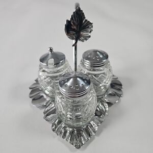 Vintage Silver Plated Cruet Set Diamond Pattern Glass Missing Spoon